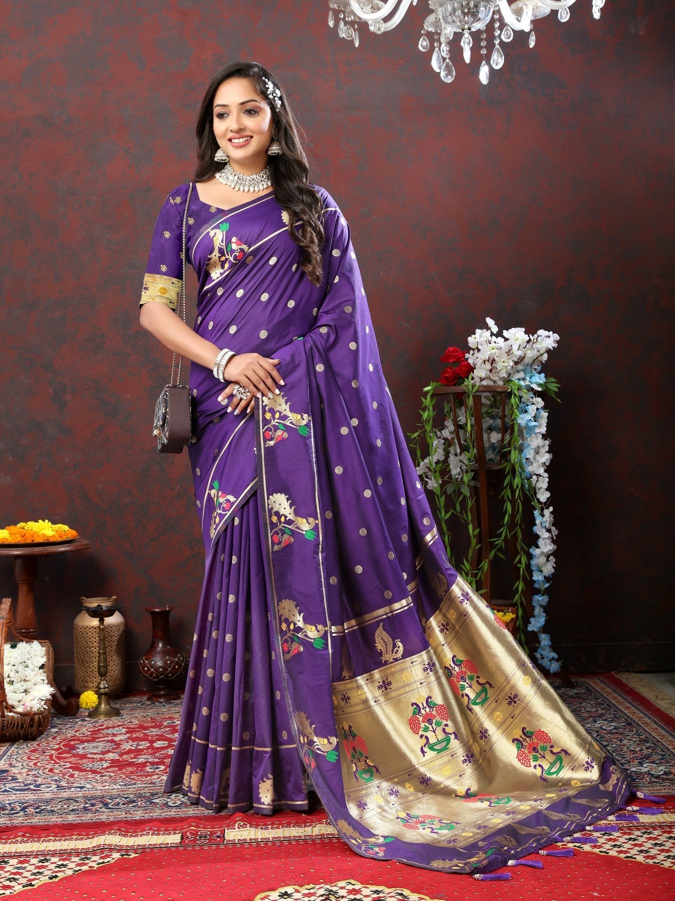 Demure Violet Paithani Silk Saree With Panache Blouse Piece