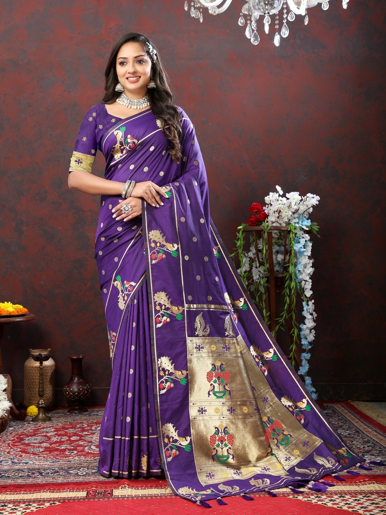 Demure Violet Paithani Silk Saree With Panache Blouse Piece