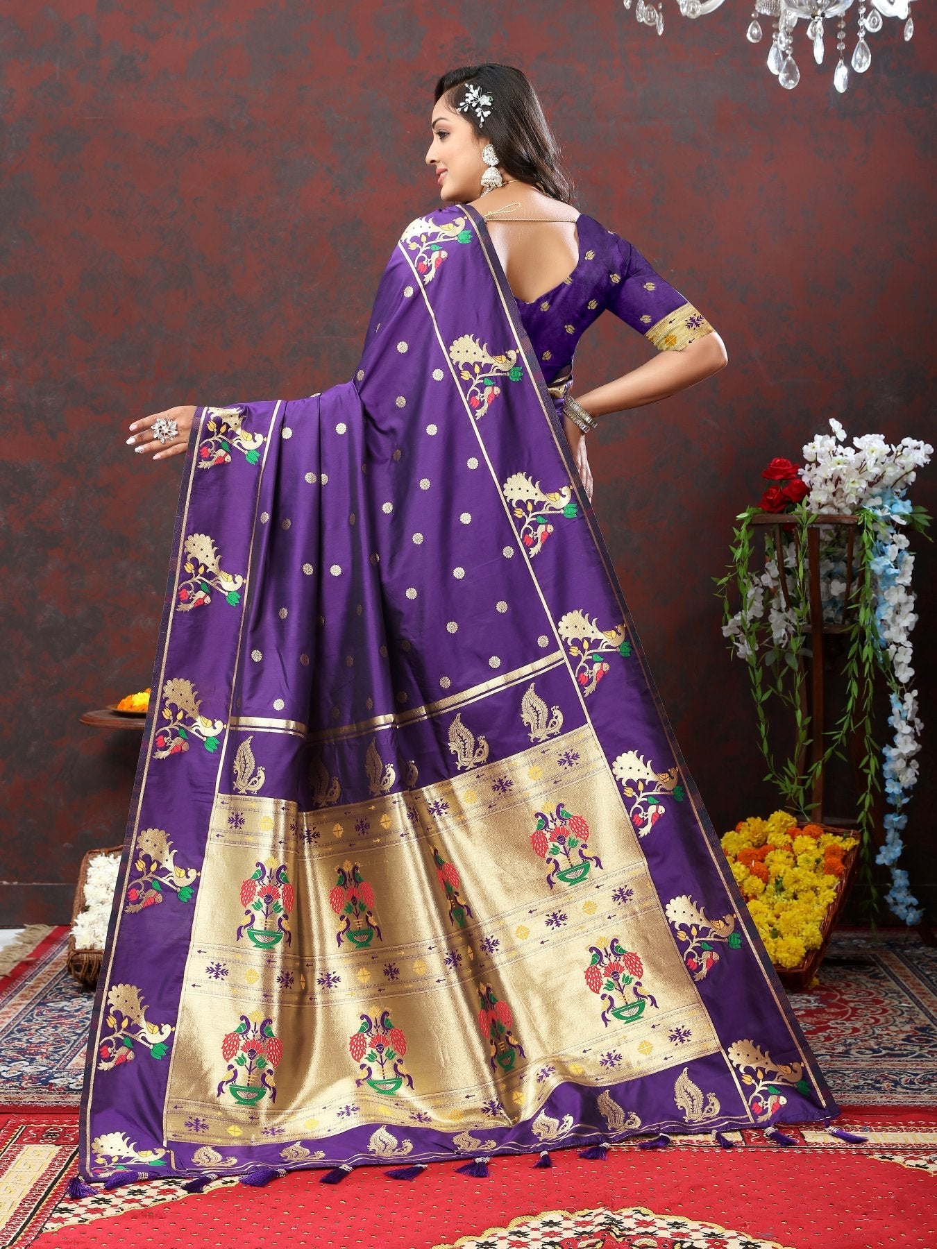 Demure Violet Paithani Silk Saree With Panache Blouse Piece