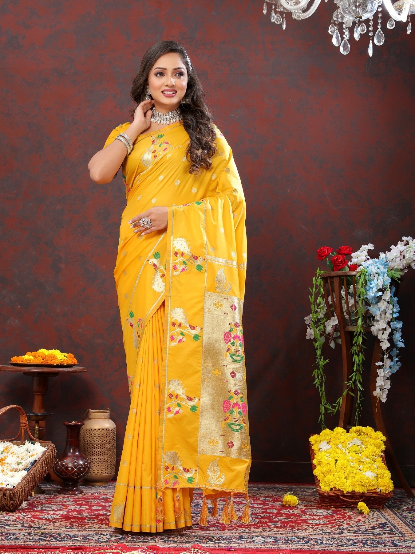 Desuetude Yellow Paithani Silk Saree With Radiant Blouse Piece