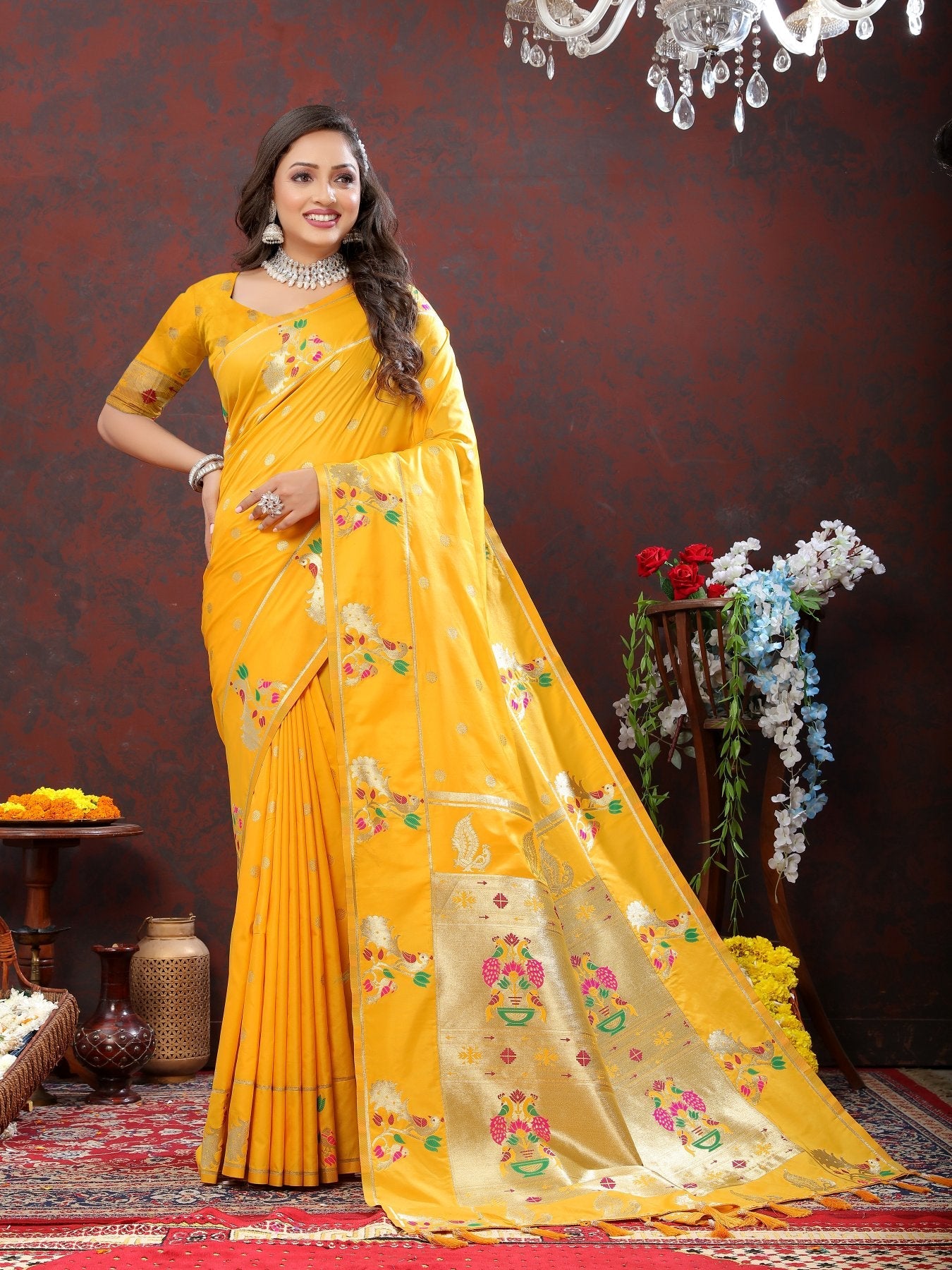 Desuetude Yellow Paithani Silk Saree With Radiant Blouse Piece