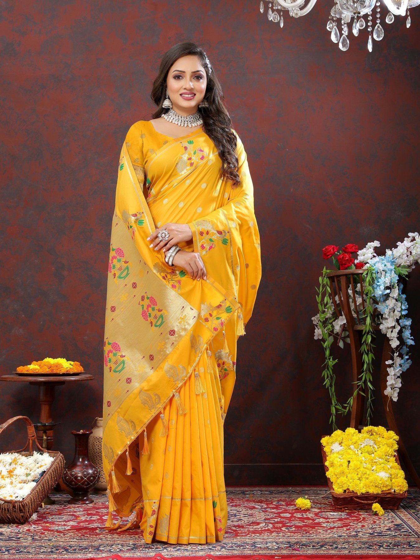 Desuetude Yellow Paithani Silk Saree With Radiant Blouse Piece