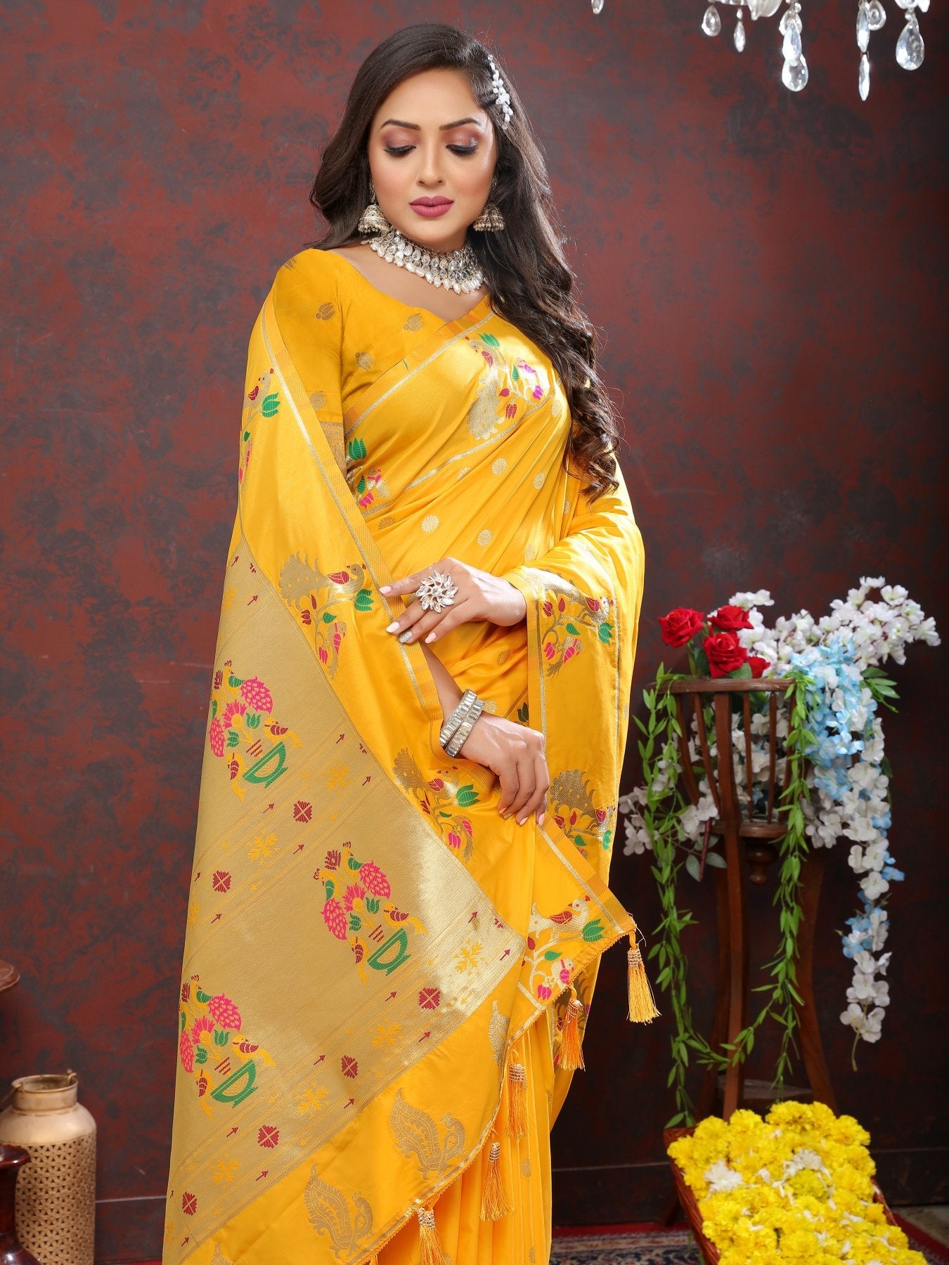 Desuetude Yellow Paithani Silk Saree With Radiant Blouse Piece