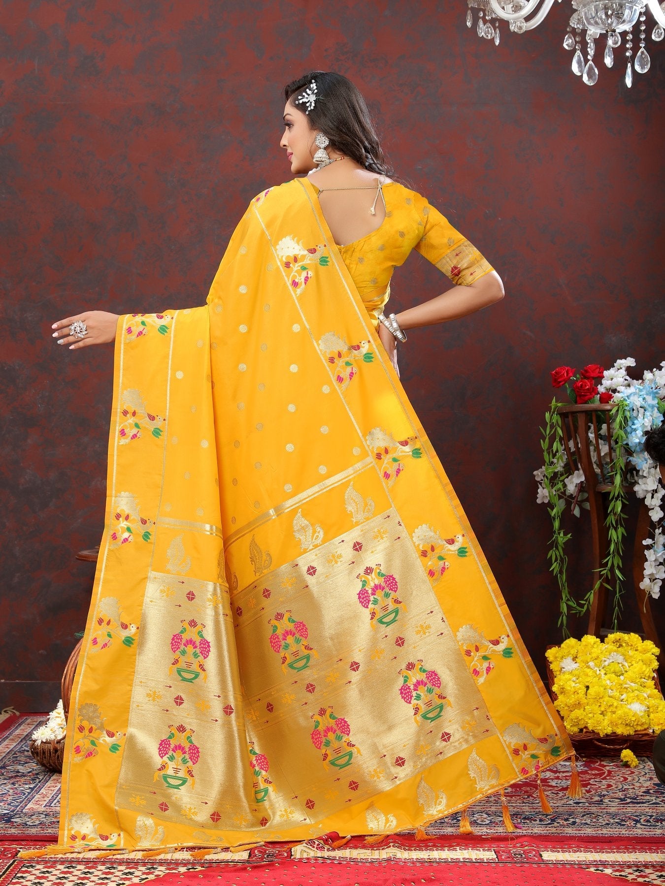 Desuetude Yellow Paithani Silk Saree With Radiant Blouse Piece