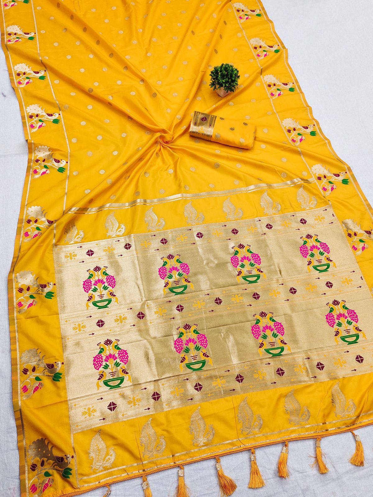 Desuetude Yellow Paithani Silk Saree With Radiant Blouse Piece