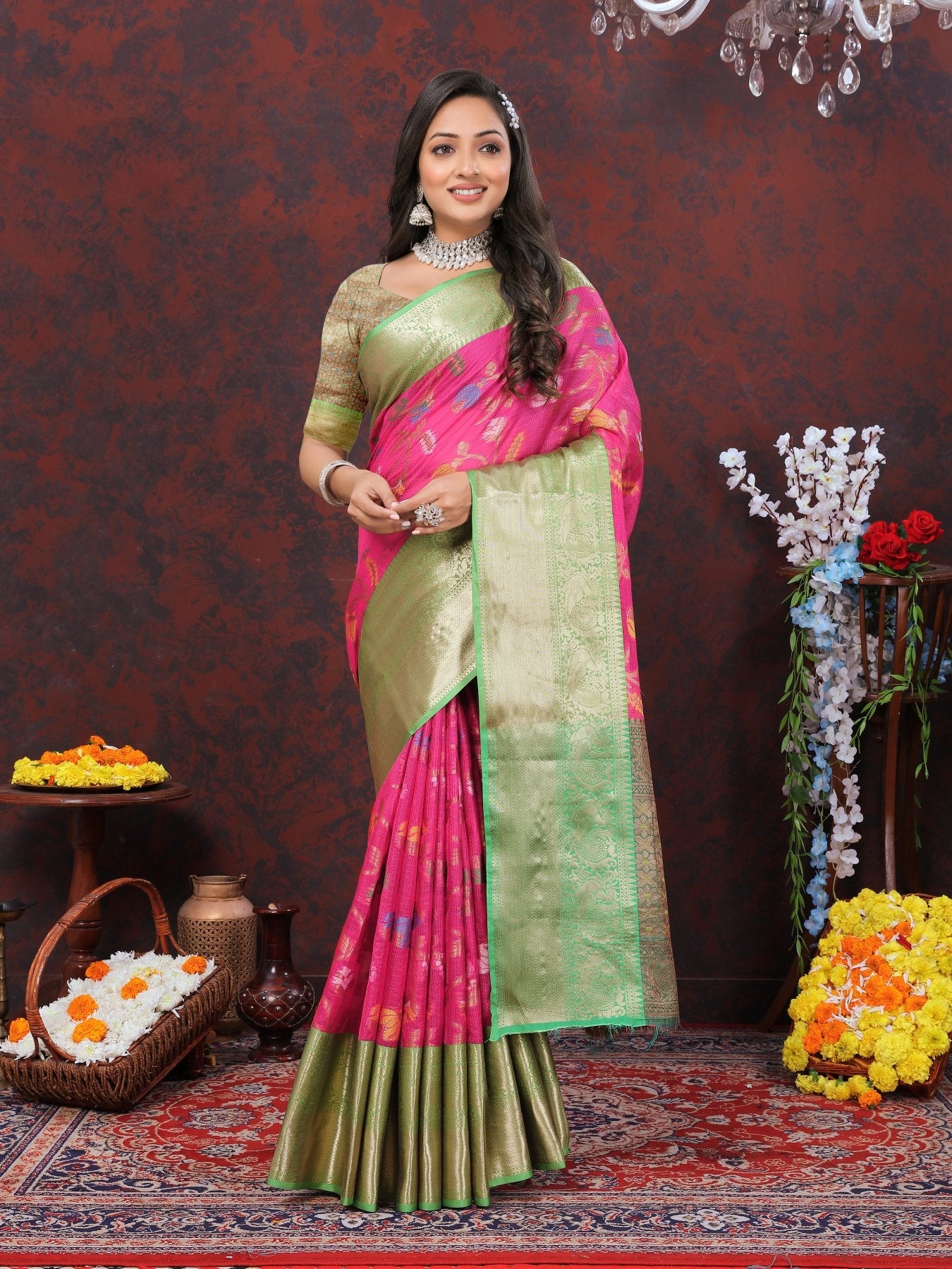 Adorable Dark Pink Cotton Silk Saree With Exquisite Blouse Piece