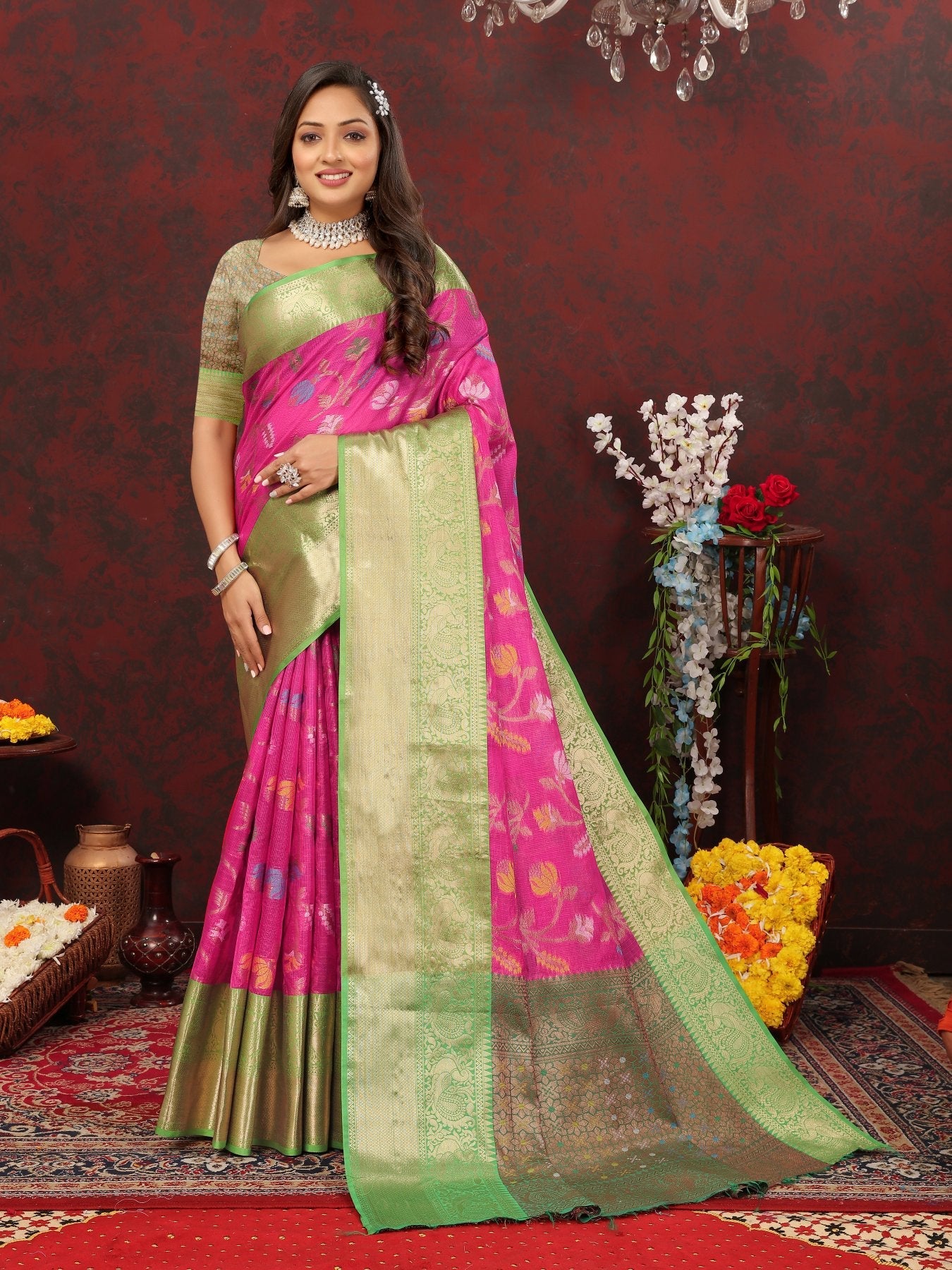 Adorable Dark Pink Cotton Silk Saree With Exquisite Blouse Piece