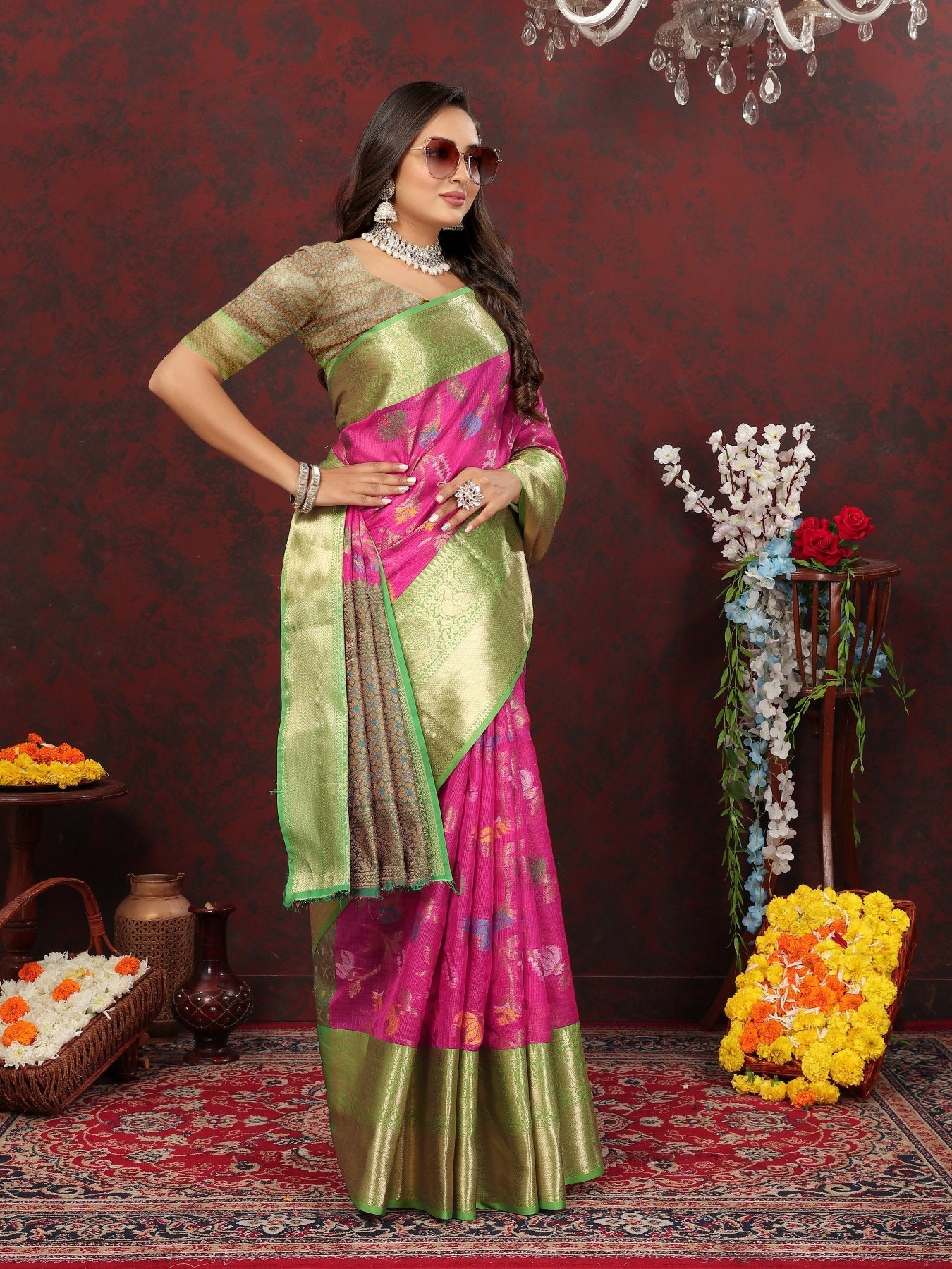 Adorable Dark Pink Cotton Silk Saree With Exquisite Blouse Piece