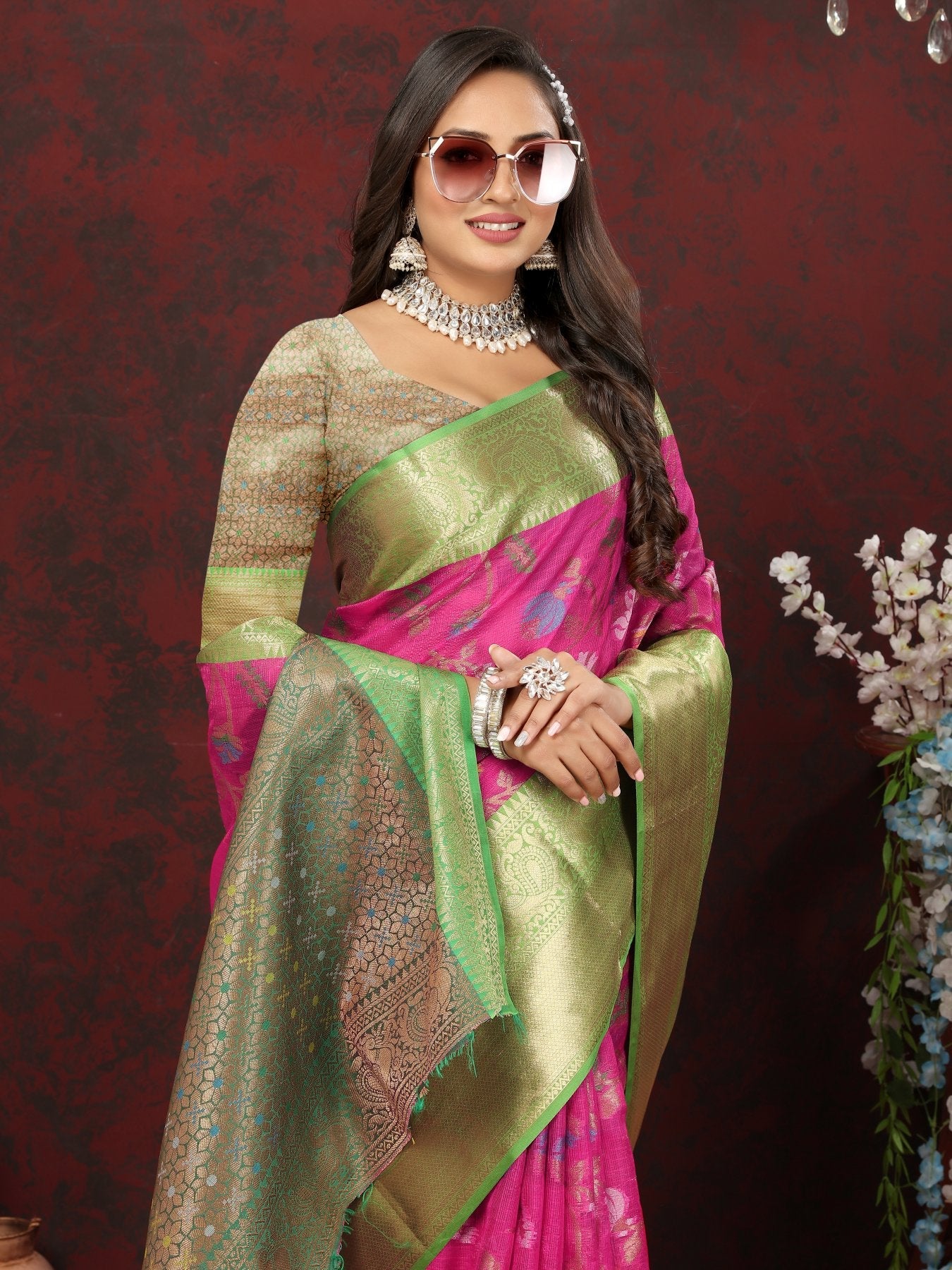 Adorable Dark Pink Cotton Silk Saree With Exquisite Blouse Piece