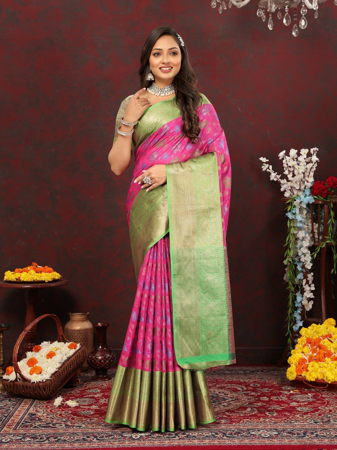 Engrossing Dark Pink Cotton Silk Saree With Vivacious Blouse Piece