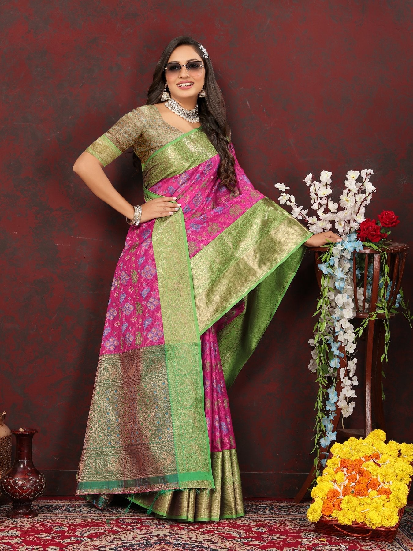 Engrossing Dark Pink Cotton Silk Saree With Vivacious Blouse Piece