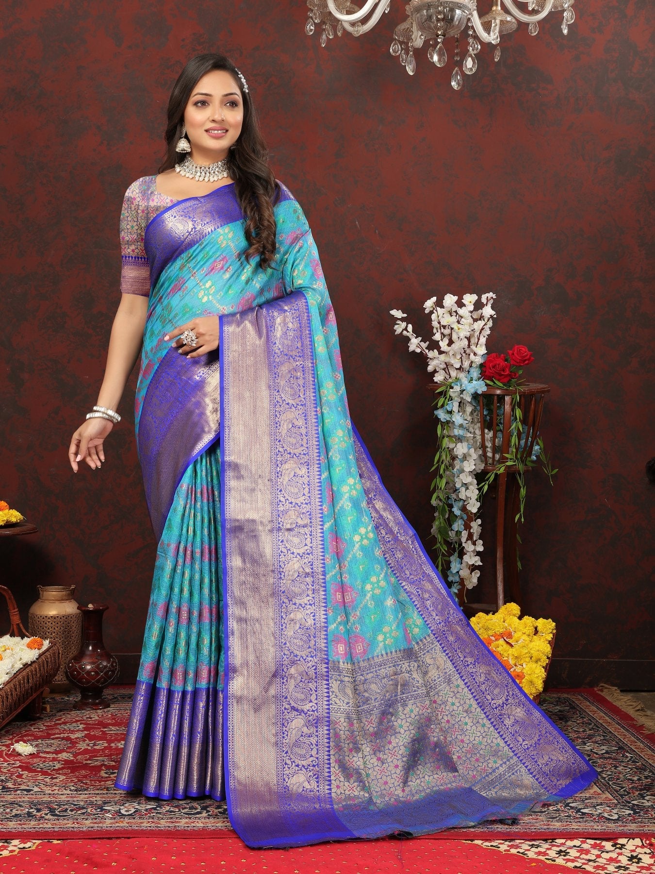 Bewitching Firozi Cotton Silk Saree With Resplendent Blouse Piece