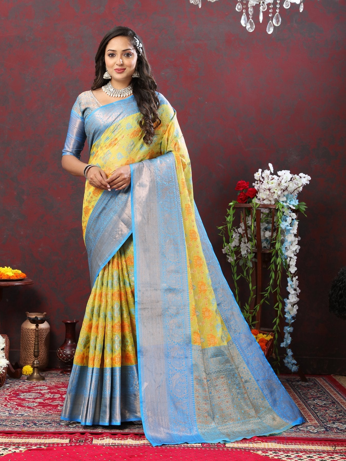 Beauteous Lemon Cotton Silk Saree With Glittering Blouse Piece