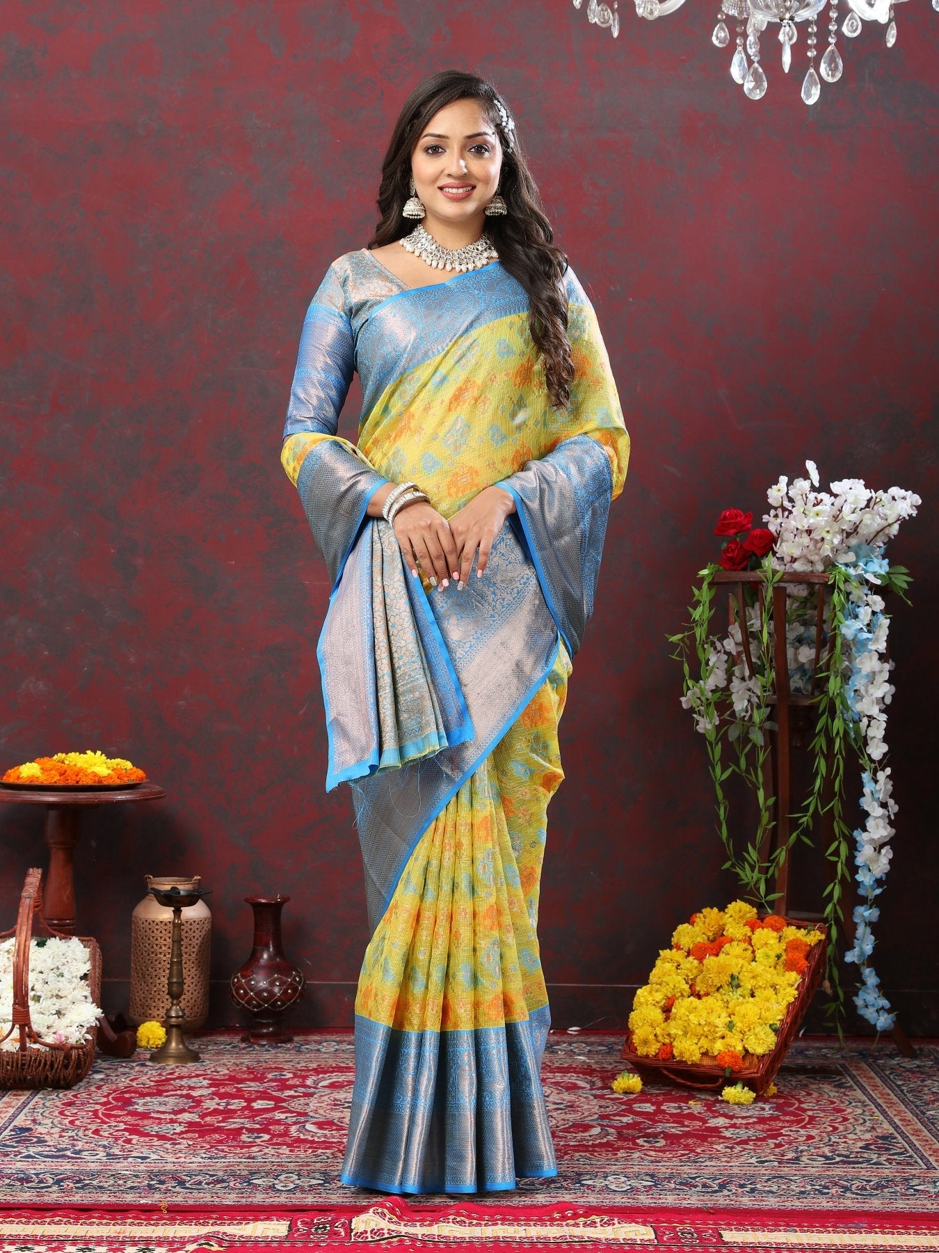 Beauteous Lemon Cotton Silk Saree With Glittering Blouse Piece