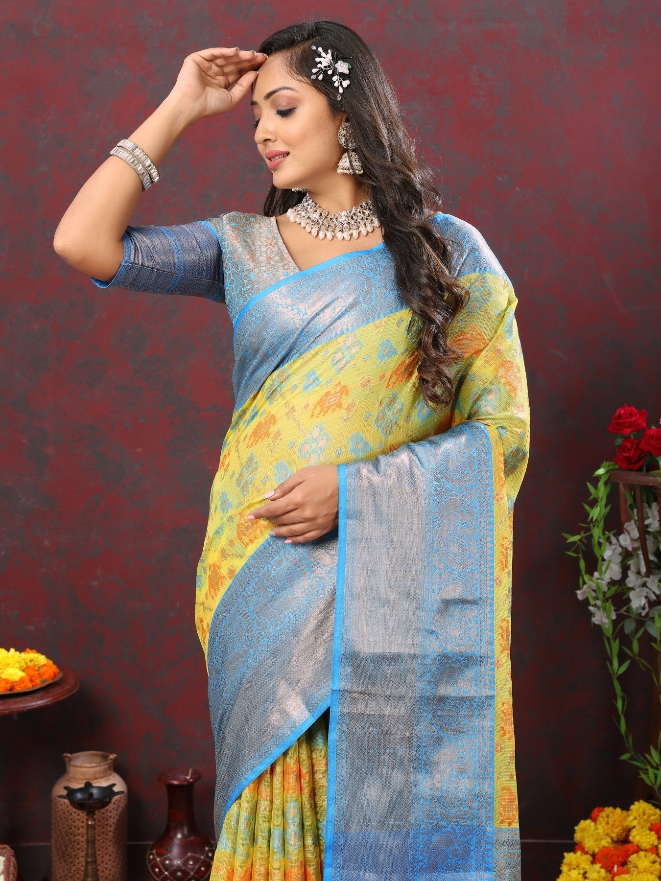 Beauteous Lemon Cotton Silk Saree With Glittering Blouse Piece