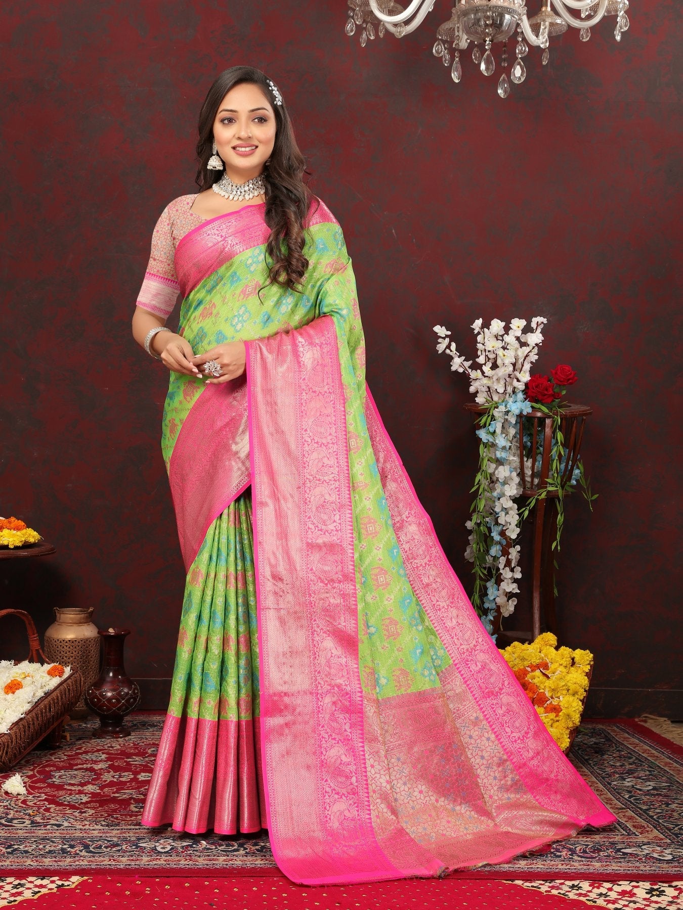 Angelic Pista Cotton Silk Saree With Unequalled Blouse Piece