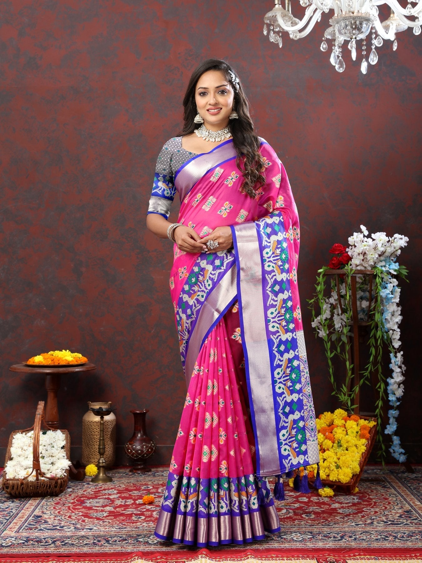 Ethnic Dark Pink Organza Silk Saree With Resplendent Blouse Piece