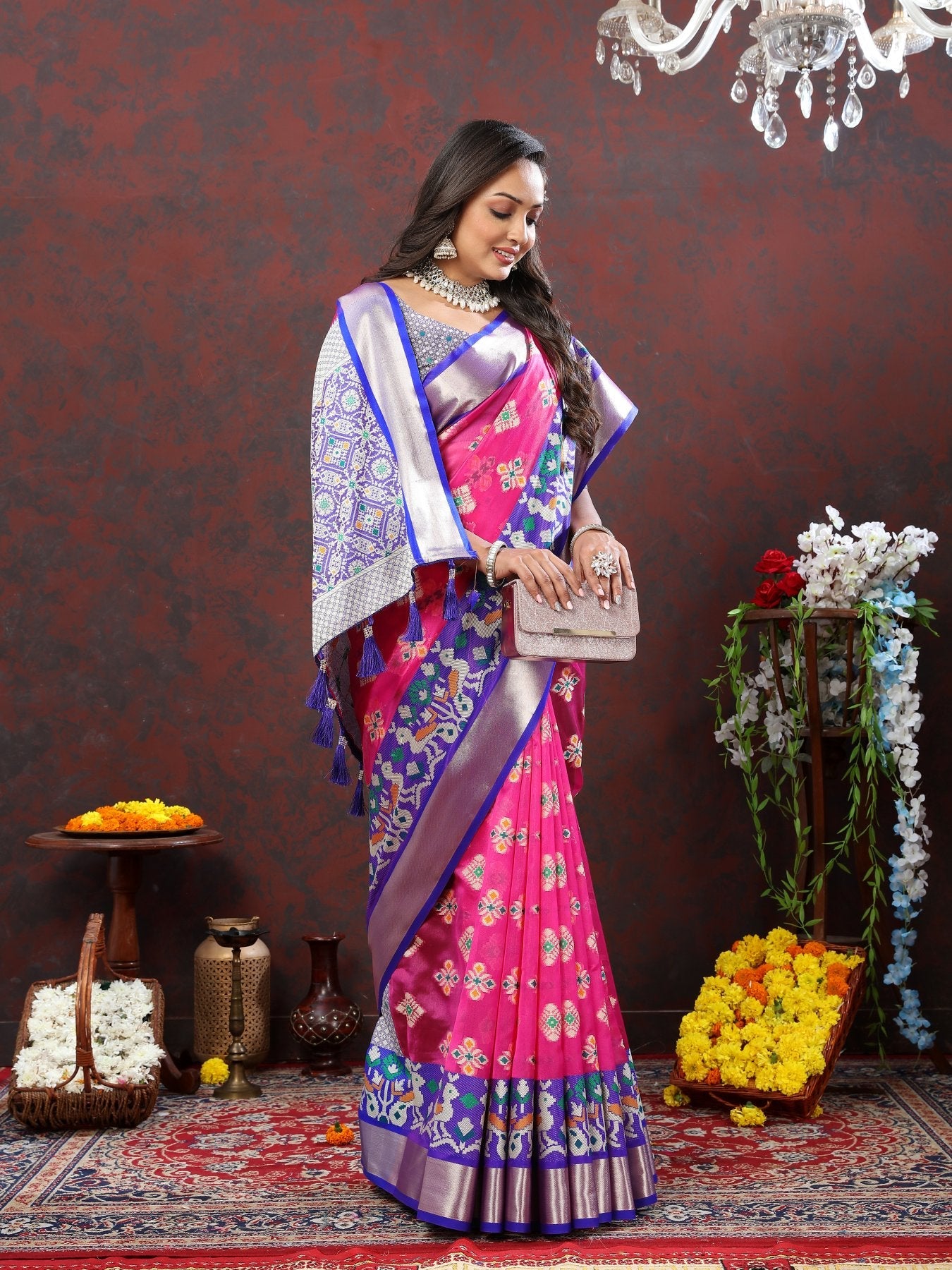 Ethnic Dark Pink Organza Silk Saree With Resplendent Blouse Piece