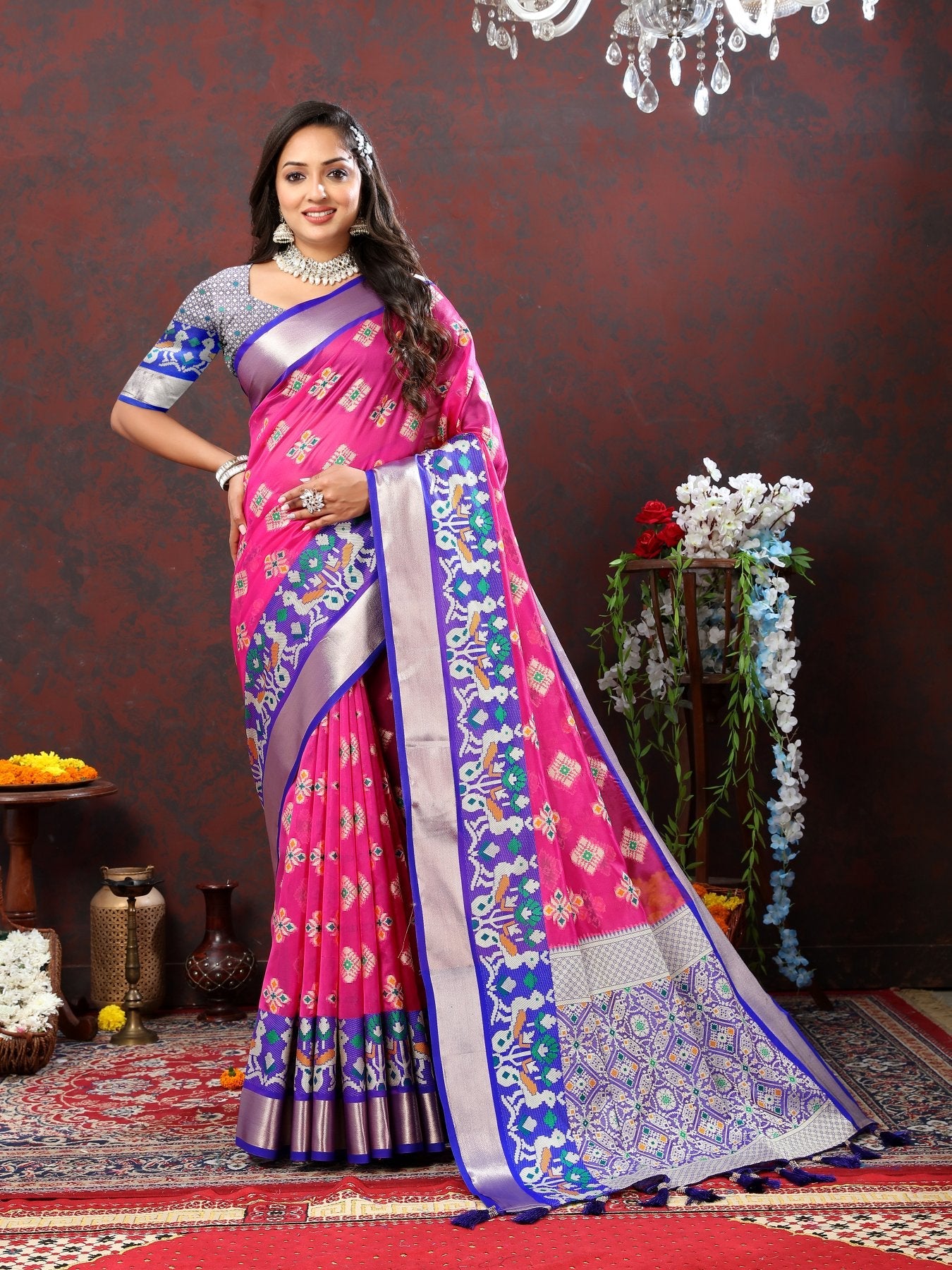 Ethnic Dark Pink Organza Silk Saree With Resplendent Blouse Piece