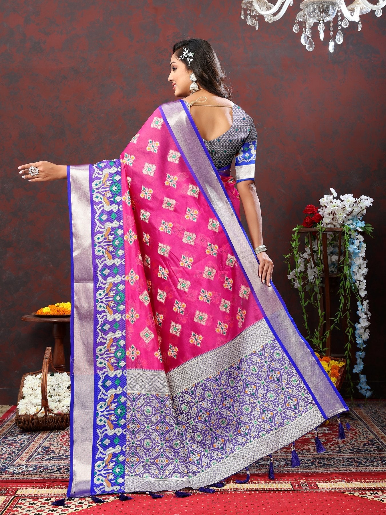 Ethnic Dark Pink Organza Silk Saree With Resplendent Blouse Piece