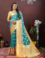 A dreamy Firozi Organza Silk Saree With Exuberant Blouse Piece