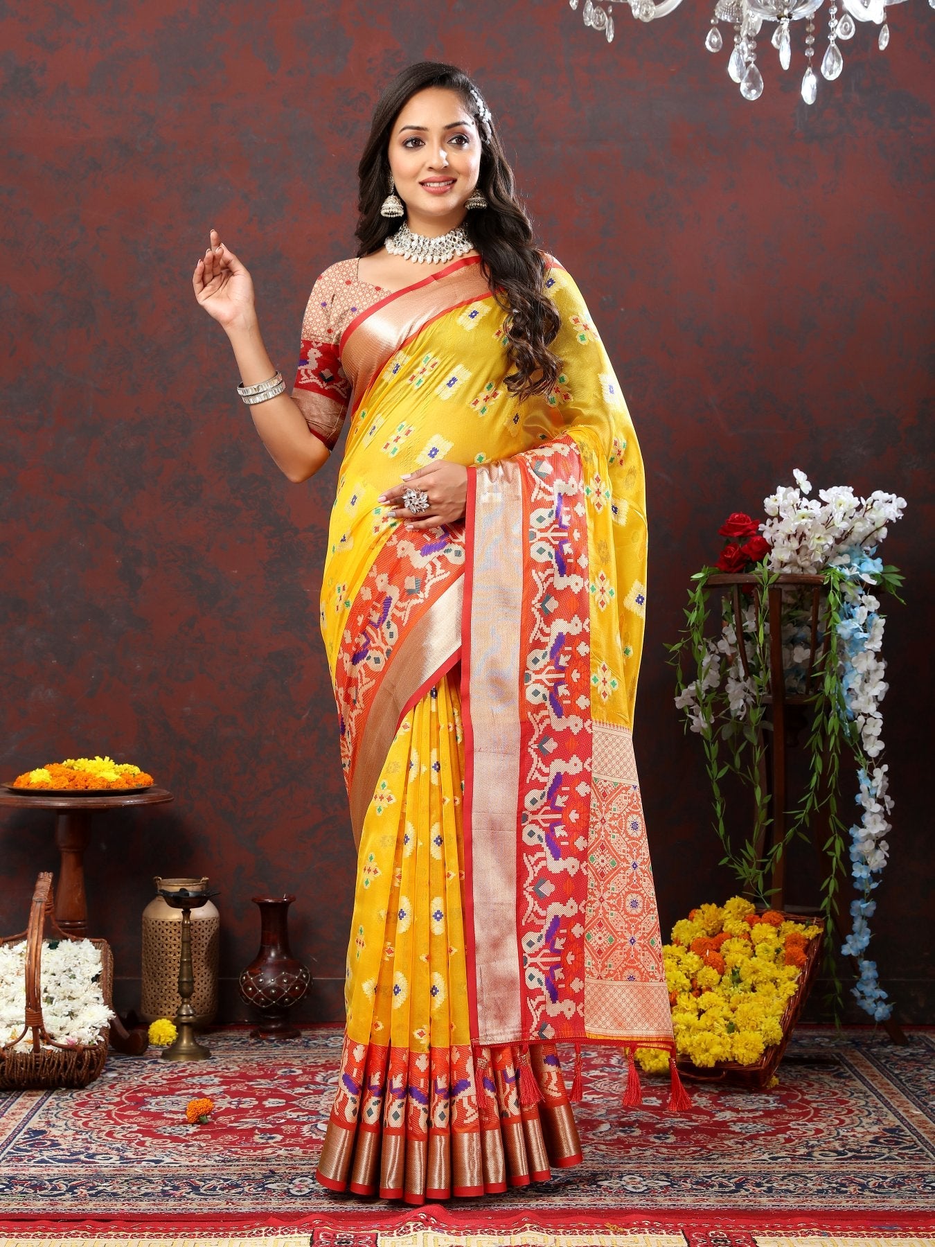 A glam Yellow Organza Silk Saree With Profuse Blouse Piece