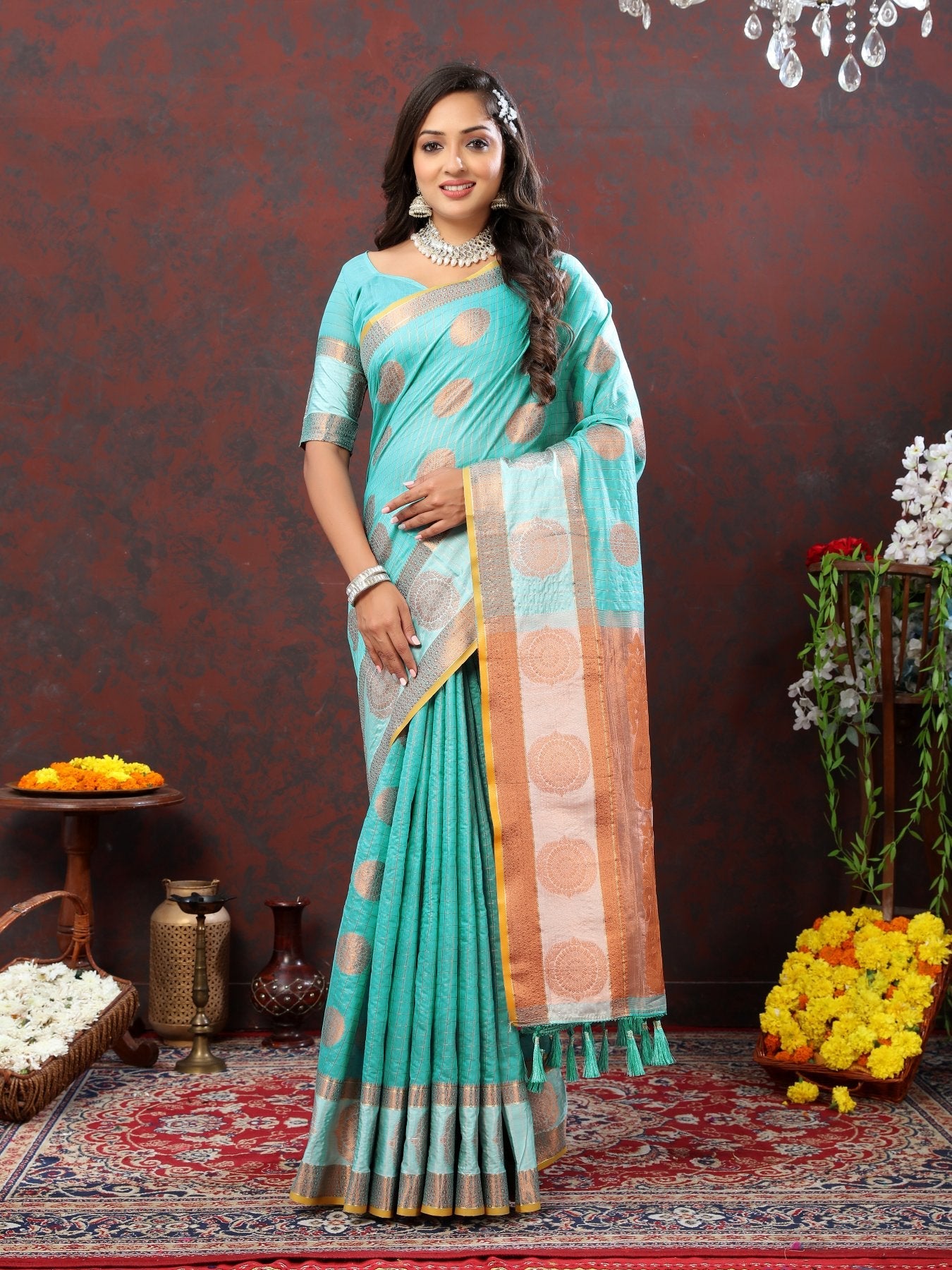 Classic Firozi Cotton Silk Saree With Easy on the eyes Blouse Piece