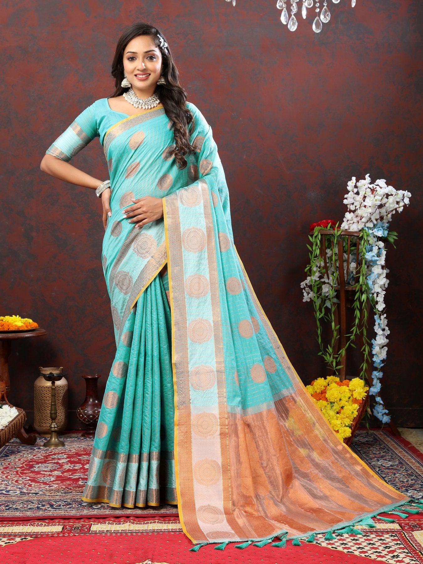 Classic Firozi Cotton Silk Saree With Easy on the eyes Blouse Piece