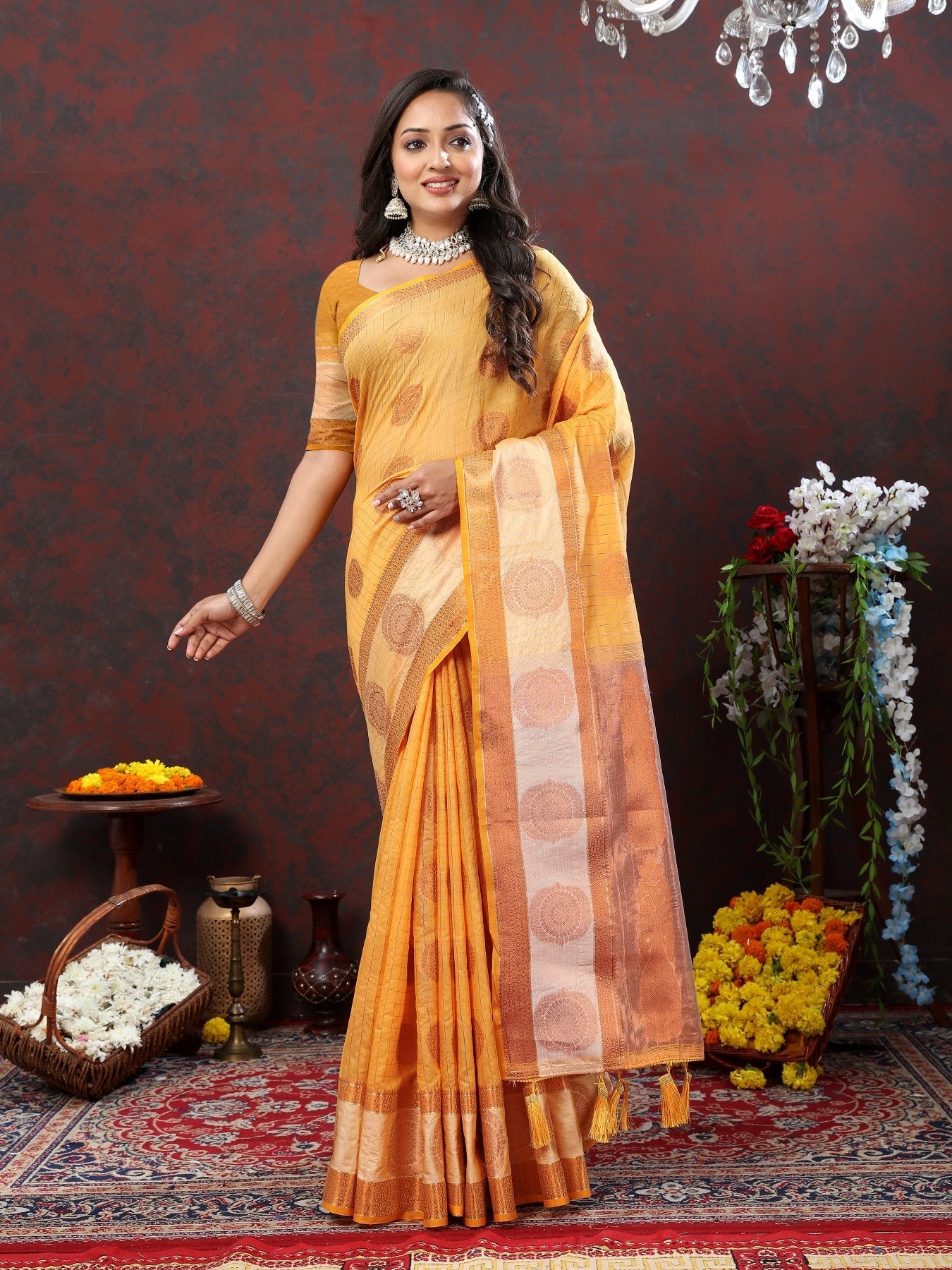 Fairytale Mustard Cotton Silk Saree With Splendorous Blouse Piece