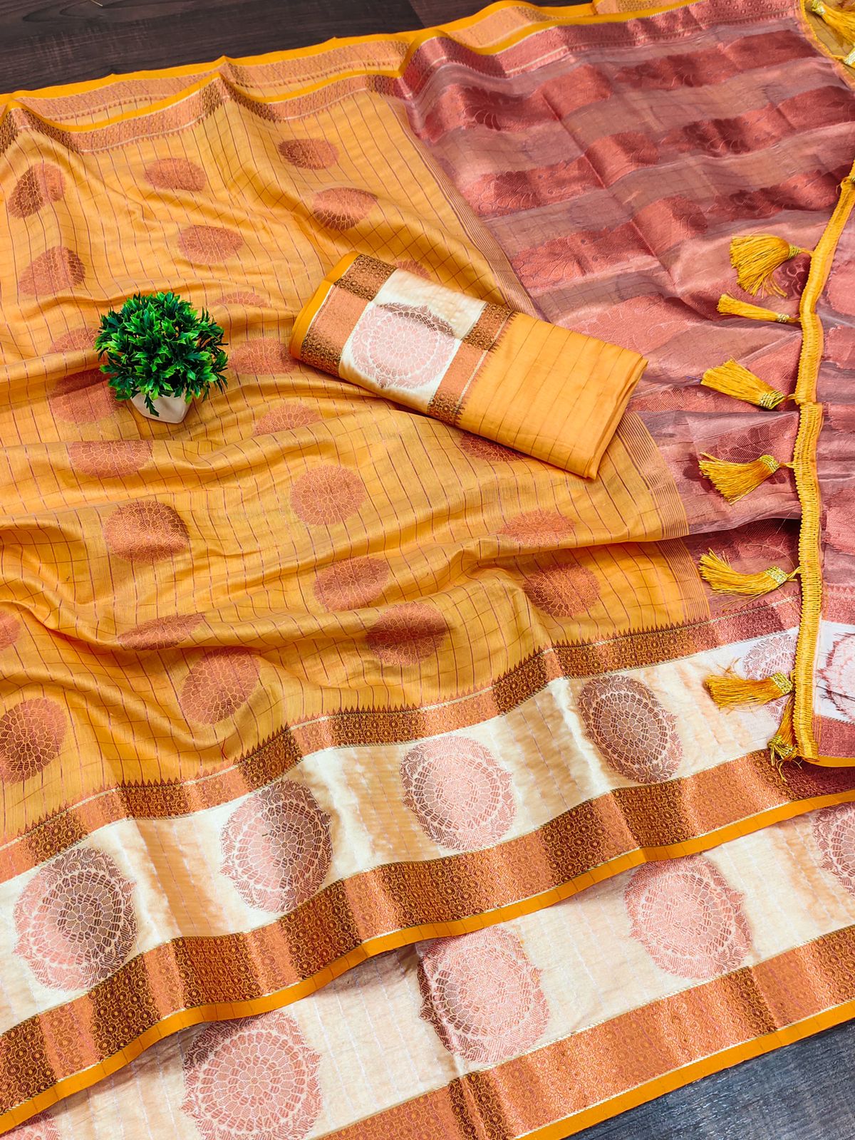 Fairytale Mustard Cotton Silk Saree With Splendorous Blouse Piece