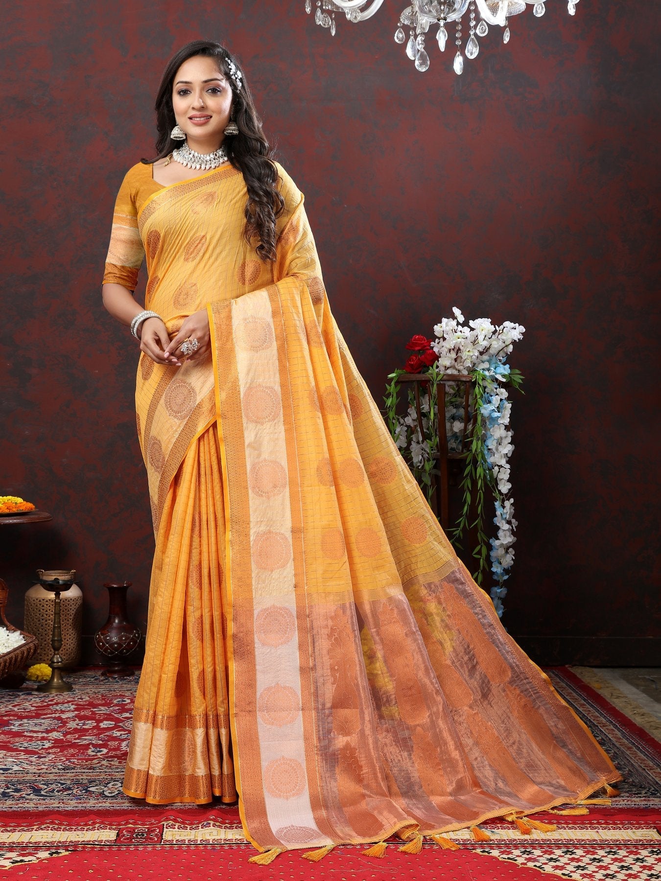 Fairytale Mustard Cotton Silk Saree With Splendorous Blouse Piece