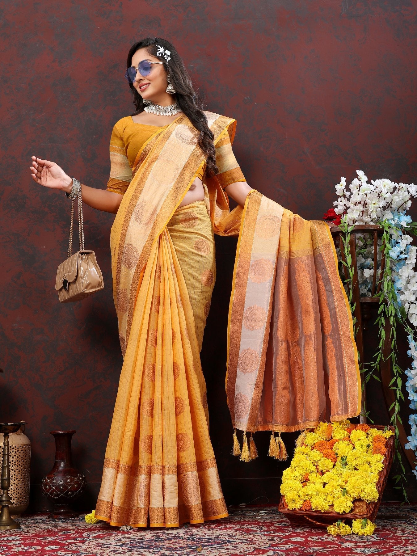 Fairytale Mustard Cotton Silk Saree With Splendorous Blouse Piece