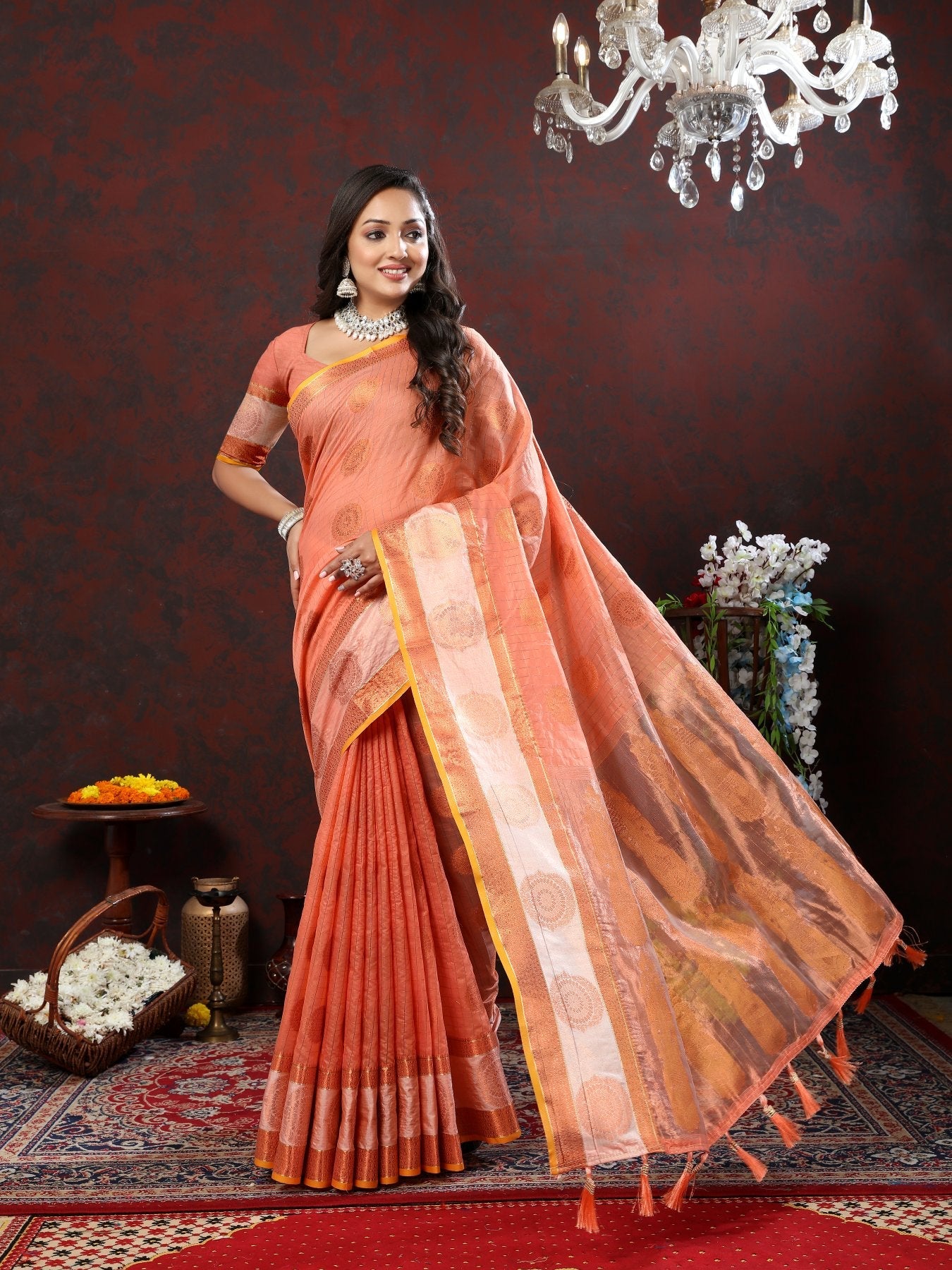 An insanely Peach Cotton Silk Saree With Transcendent Blouse Piece