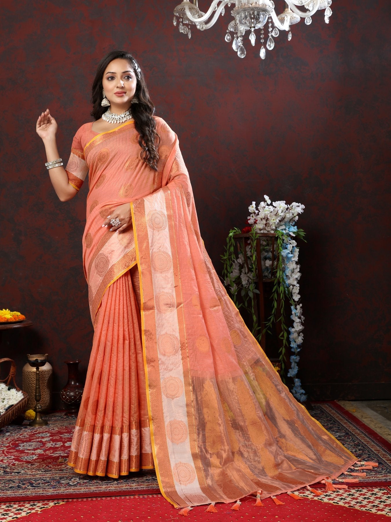 An insanely Peach Cotton Silk Saree With Transcendent Blouse Piece