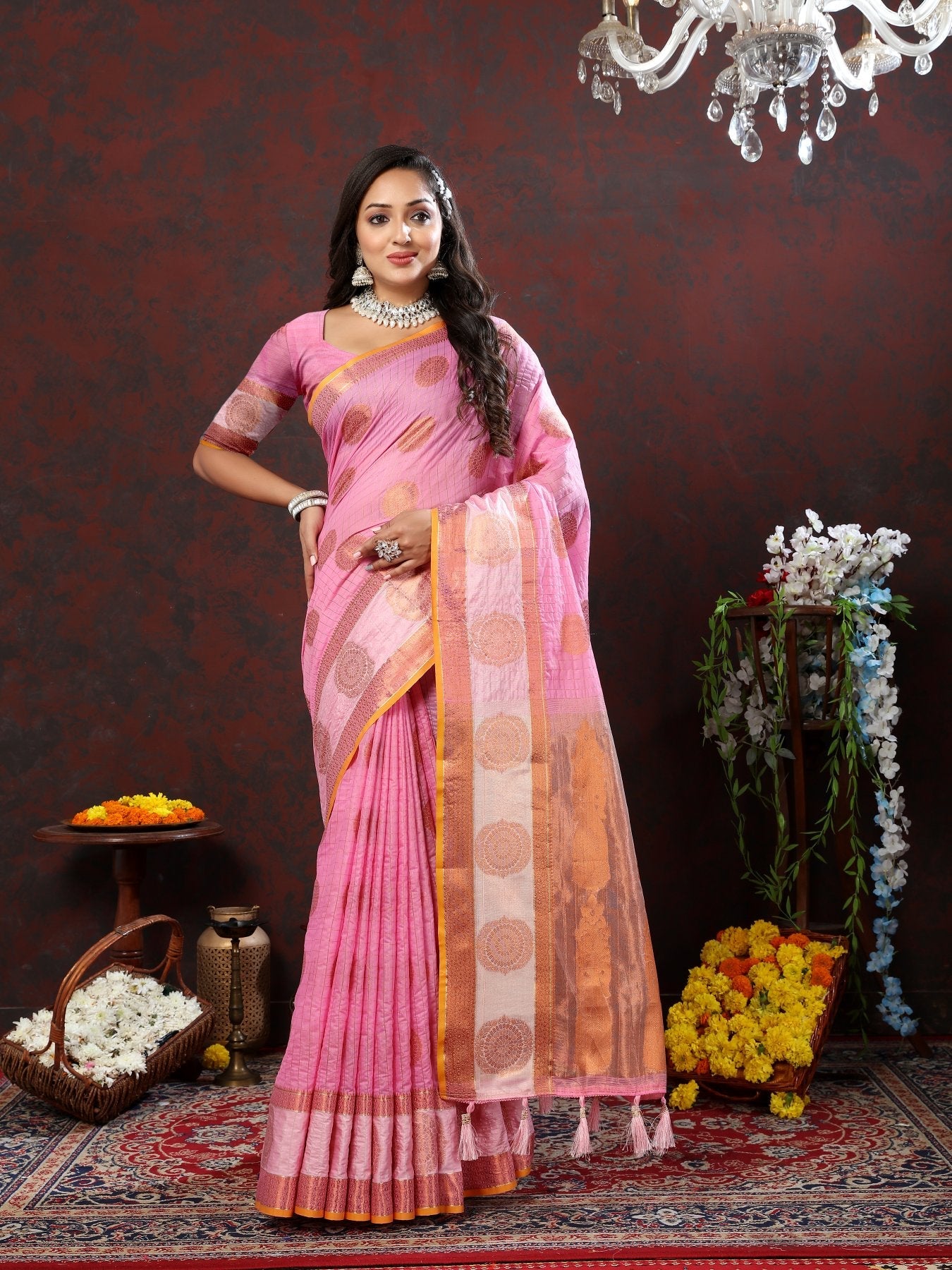 Most Flattering Pink Cotton Silk Saree With Imaginative Blouse Piece