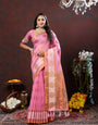 Most Flattering Pink Cotton Silk Saree With Imaginative Blouse Piece