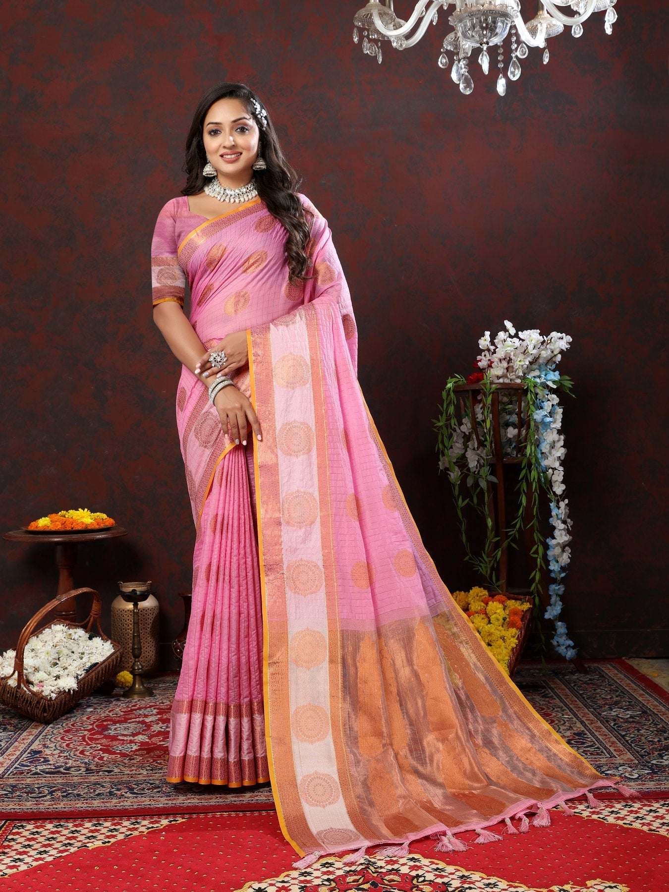 Most Flattering Pink Cotton Silk Saree With Imaginative Blouse Piece