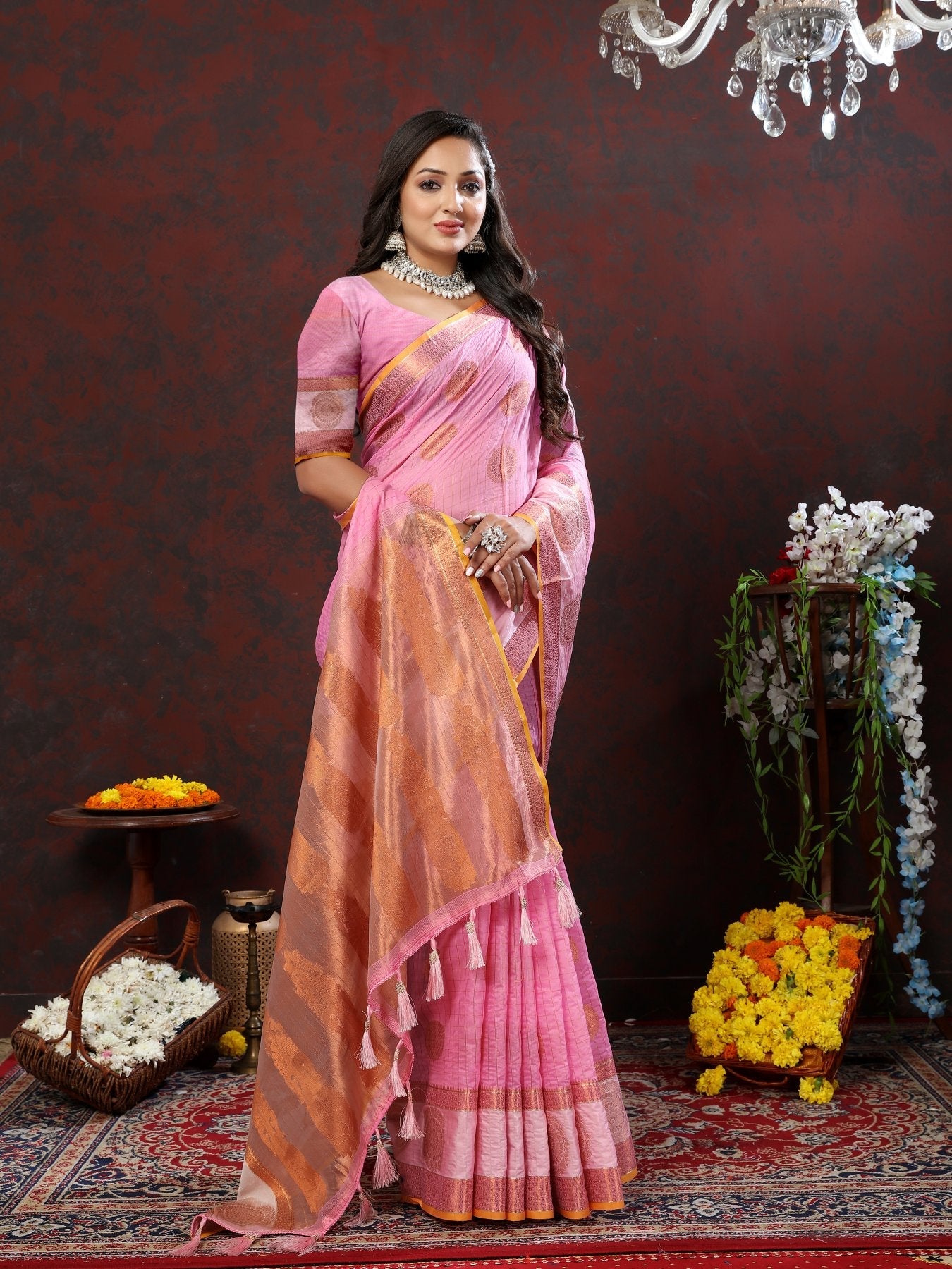 Most Flattering Pink Cotton Silk Saree With Imaginative Blouse Piece