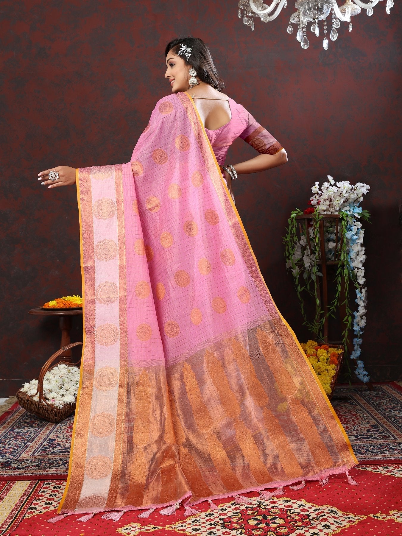 Most Flattering Pink Cotton Silk Saree With Imaginative Blouse Piece