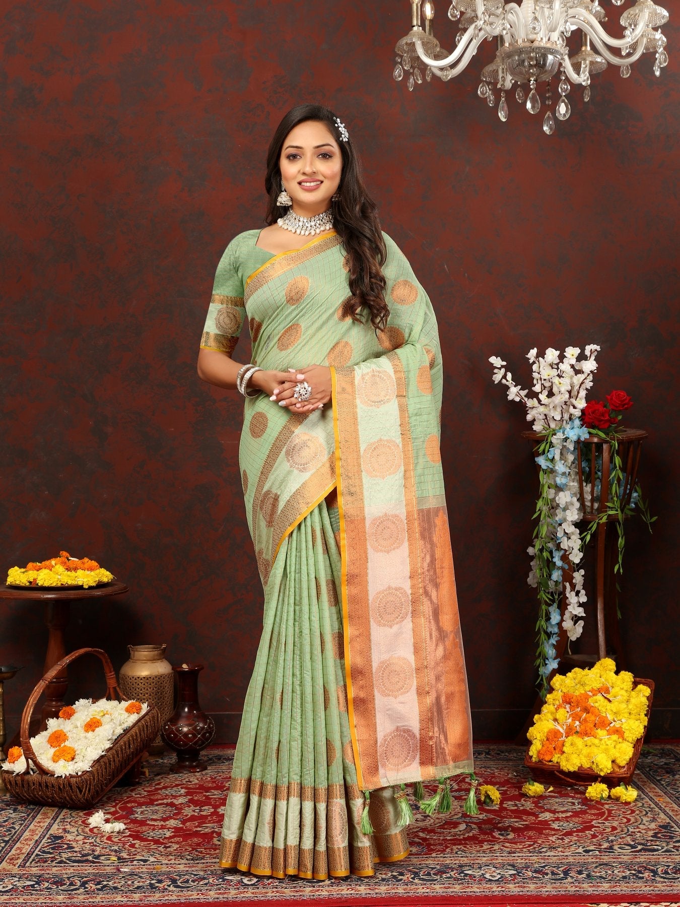 Entrancing Pista Cotton Silk Saree With Tempting Blouse Piece