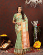 Entrancing Pista Cotton Silk Saree With Tempting Blouse Piece