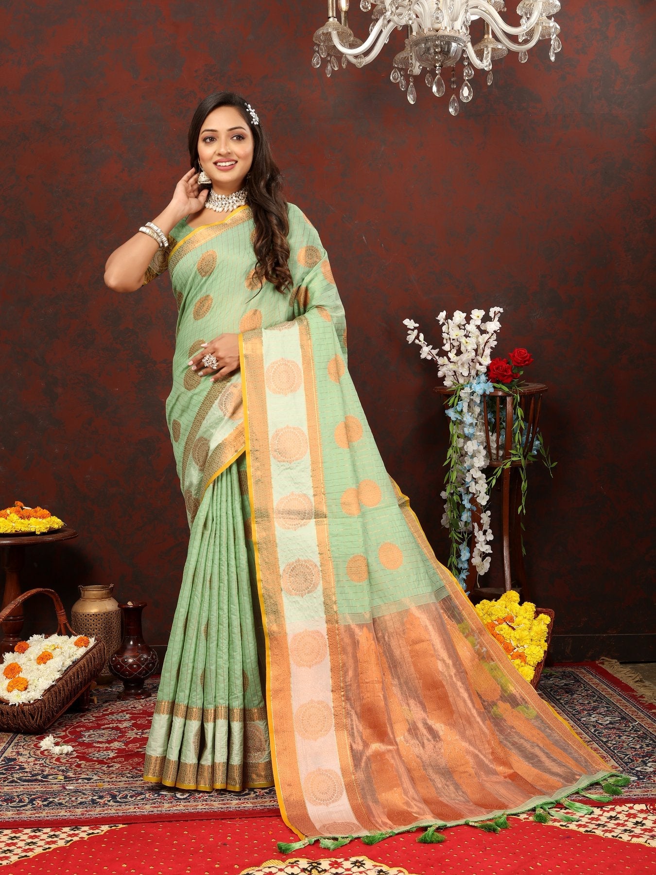 Entrancing Pista Cotton Silk Saree With Tempting Blouse Piece