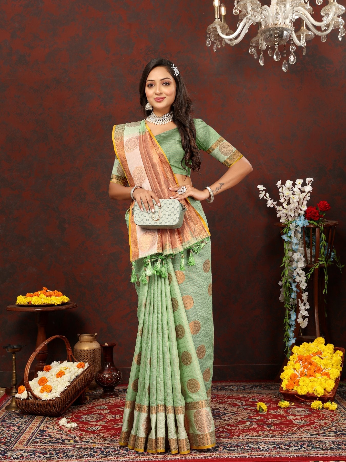 Entrancing Pista Cotton Silk Saree With Tempting Blouse Piece