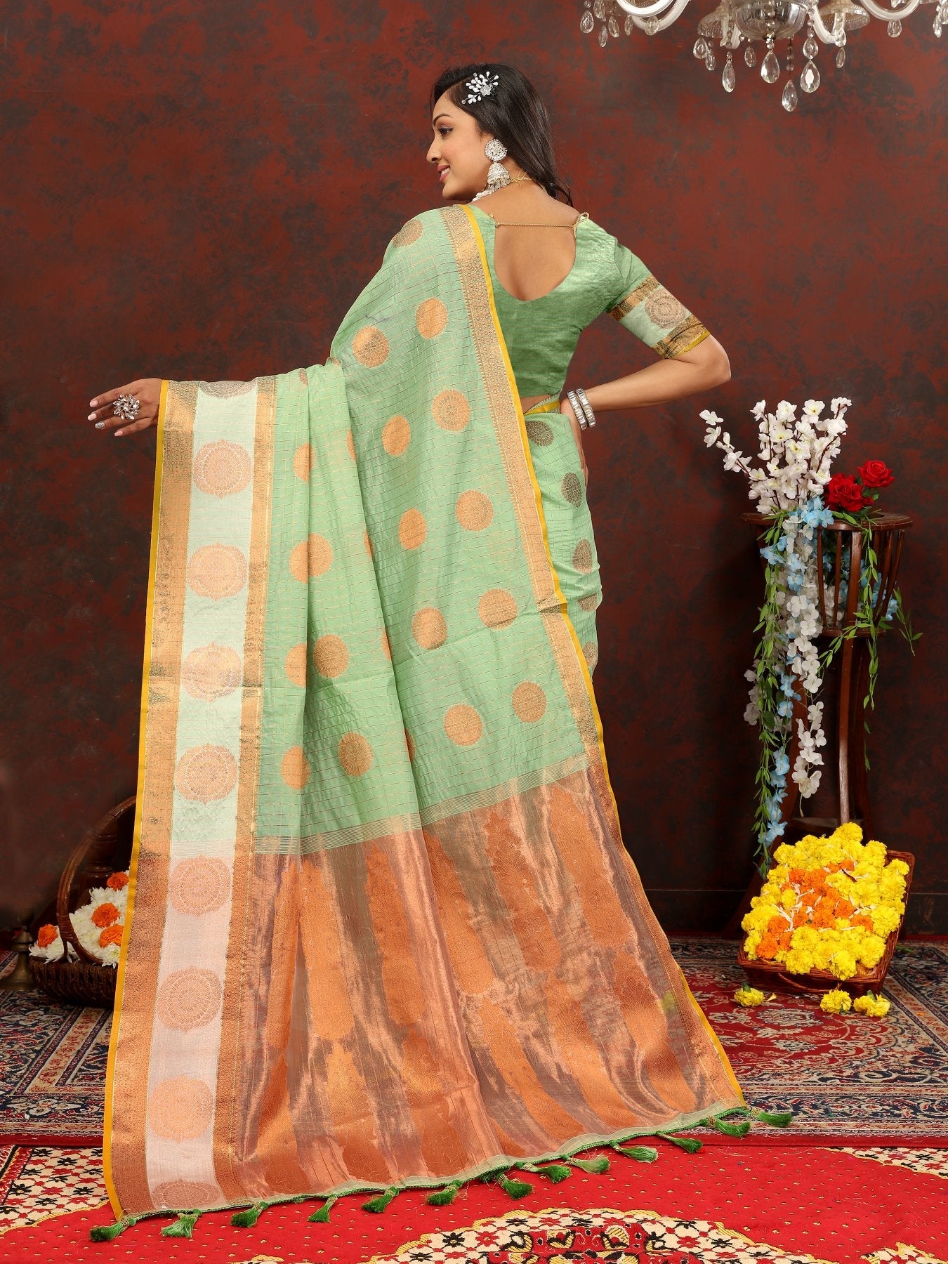 Entrancing Pista Cotton Silk Saree With Tempting Blouse Piece