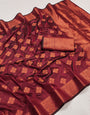 Impressive Wine Soft Banarasi Silk Saree With Prodigal Blouse Piece