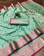 Imbrication Sea Green Soft Banarasi Silk Saree With Most Flattering Blouse Piece