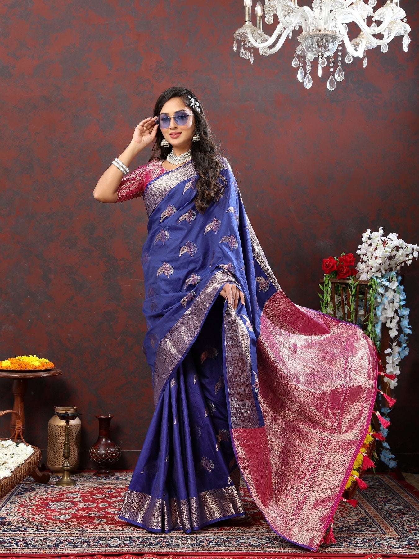 Gossamer Navy Blue Soft Banarasi Silk Saree With Entrancing Blouse Piece