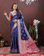 Gossamer Navy Blue Soft Banarasi Silk Saree With Entrancing Blouse Piece