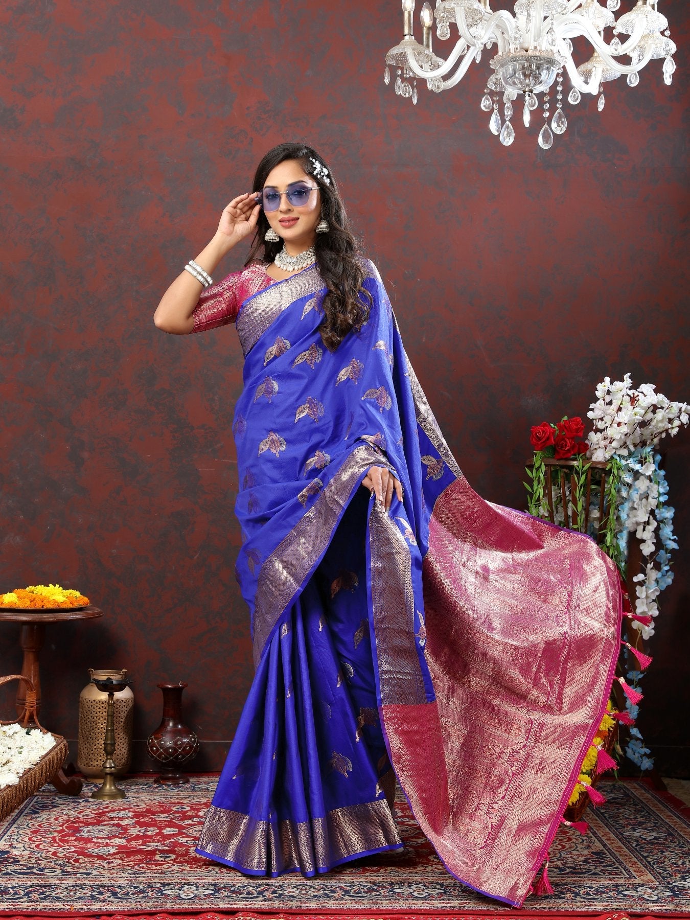 Fugacious Royal Blue Soft Banarasi Silk Saree With Inspiring Blouse Piece