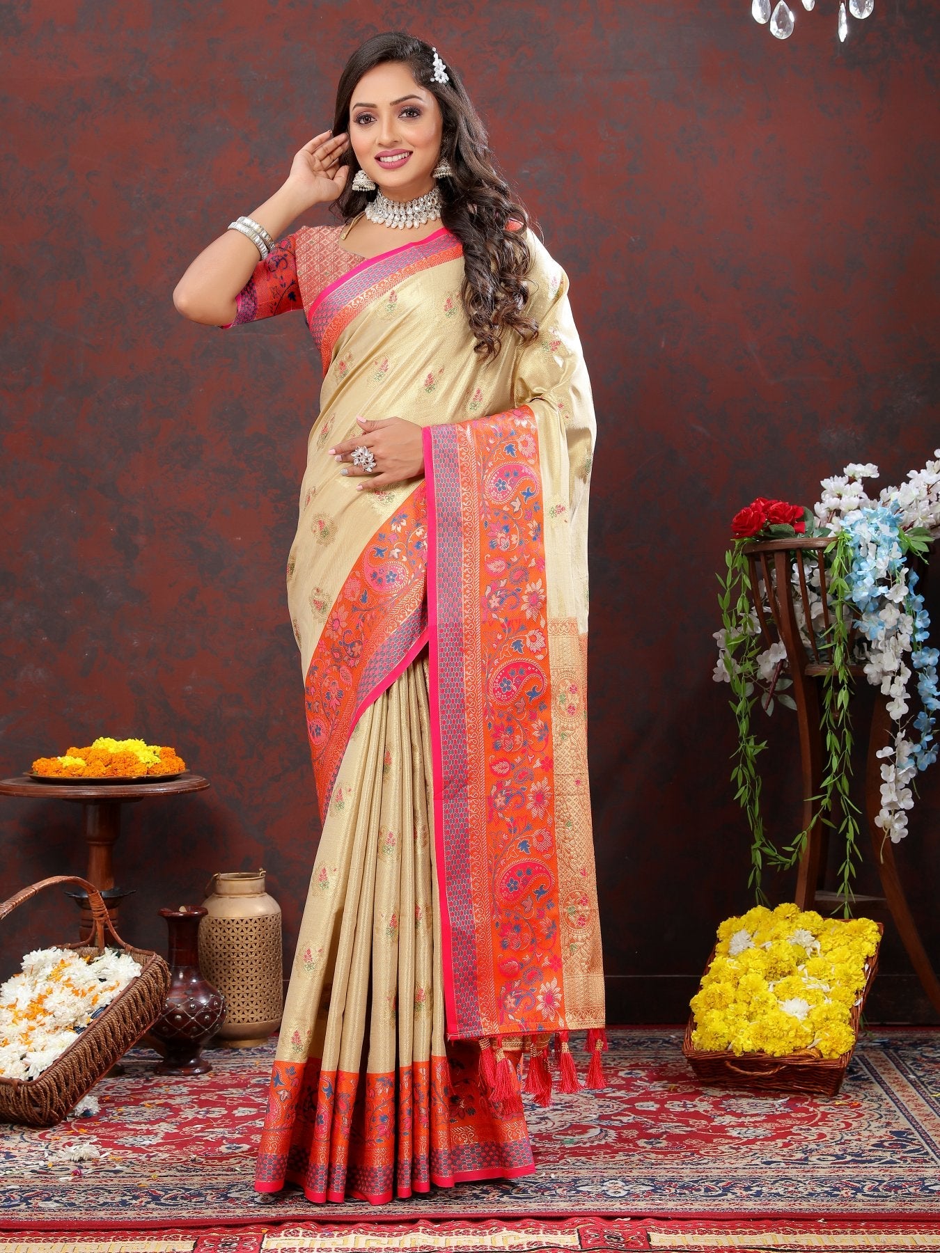 Lovely Beige Soft Banarasi Silk Saree With Delectable Blouse Piece